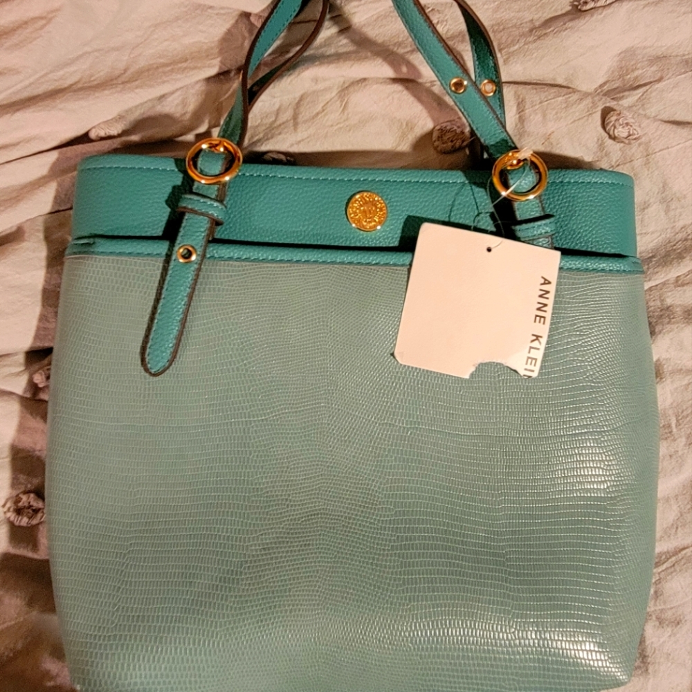 NWT Anne Klein Light Blue Lizard pocket tote